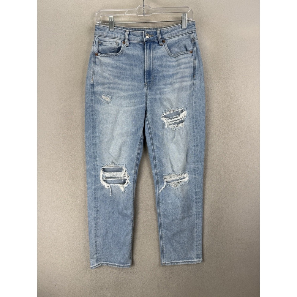 American Eagle Mom Straight Jeans Women's 6 Short Distressed Stretch Blue Denim